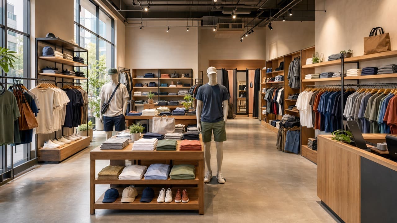Modern apparel and accessories shop with clothing racks, display tables, and a checkout counter.