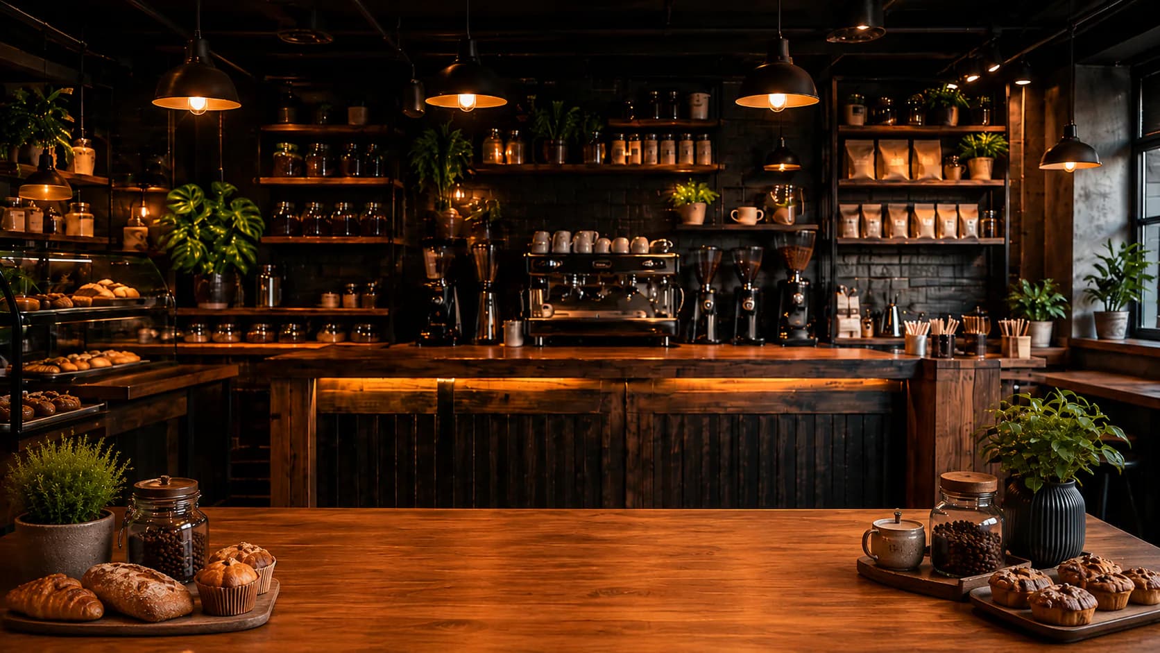 Warm dark-toned coffee bar with espresso equipment, packaged coffee, plants, and baked goods.