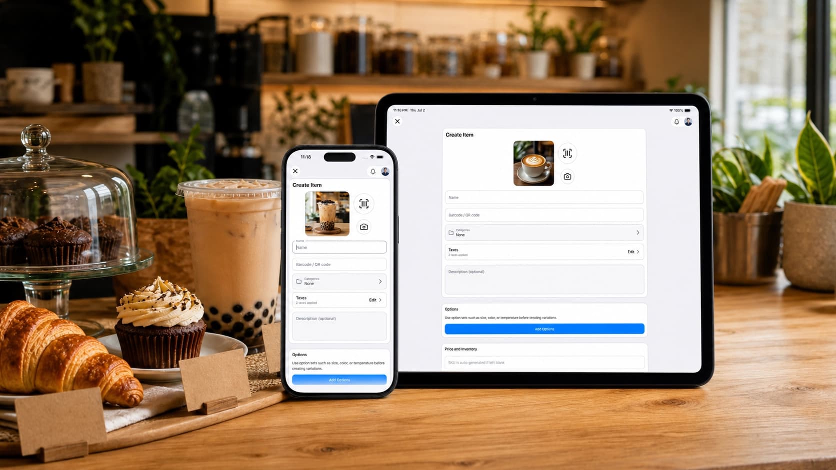 Cafe counter with drinks and pastries beside BizAssist Create Item screens on a phone and tablet.