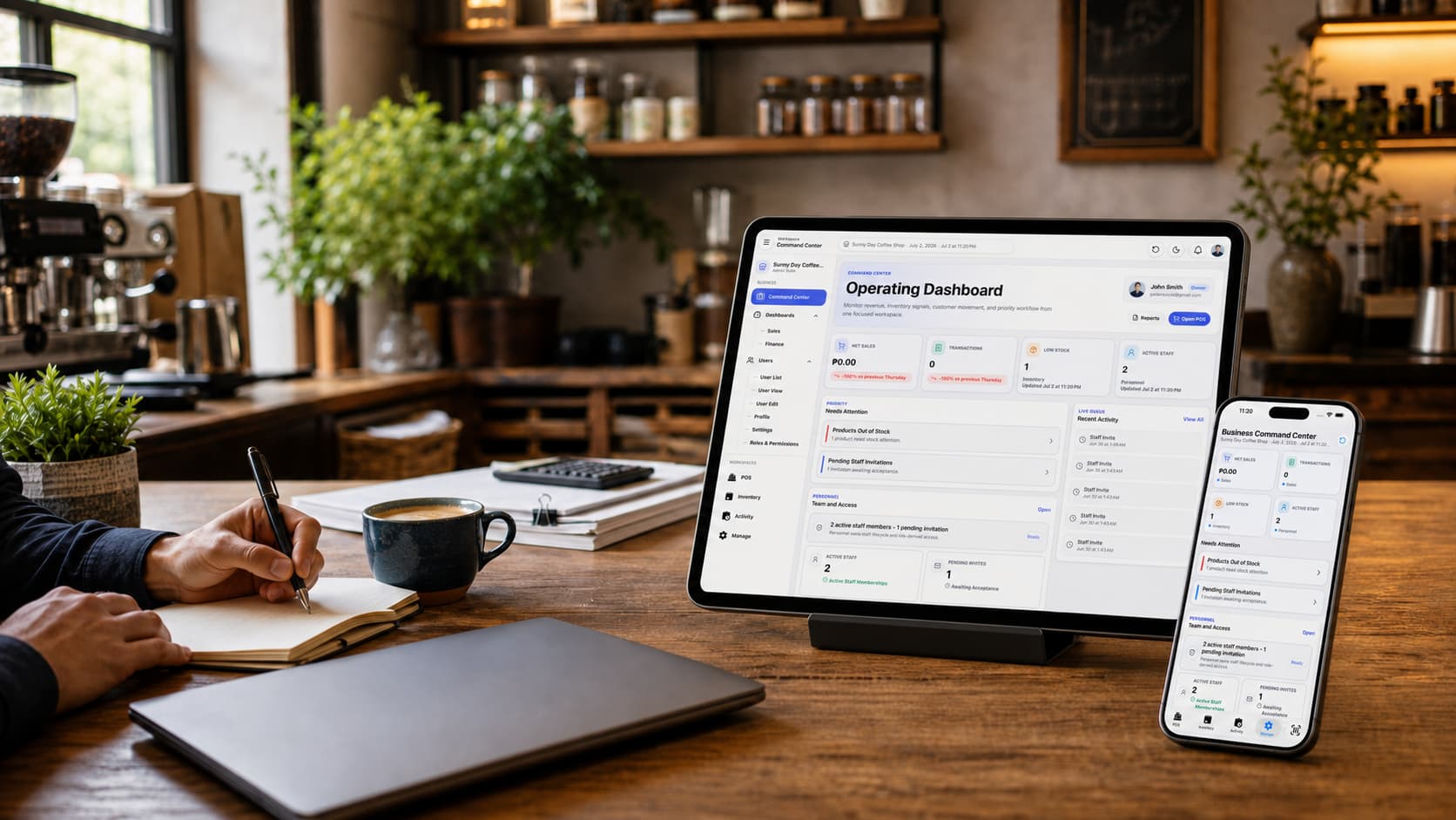Cafe owner reviewing the BizAssist Admin Dashboard on a tablet and phone at a worktable.