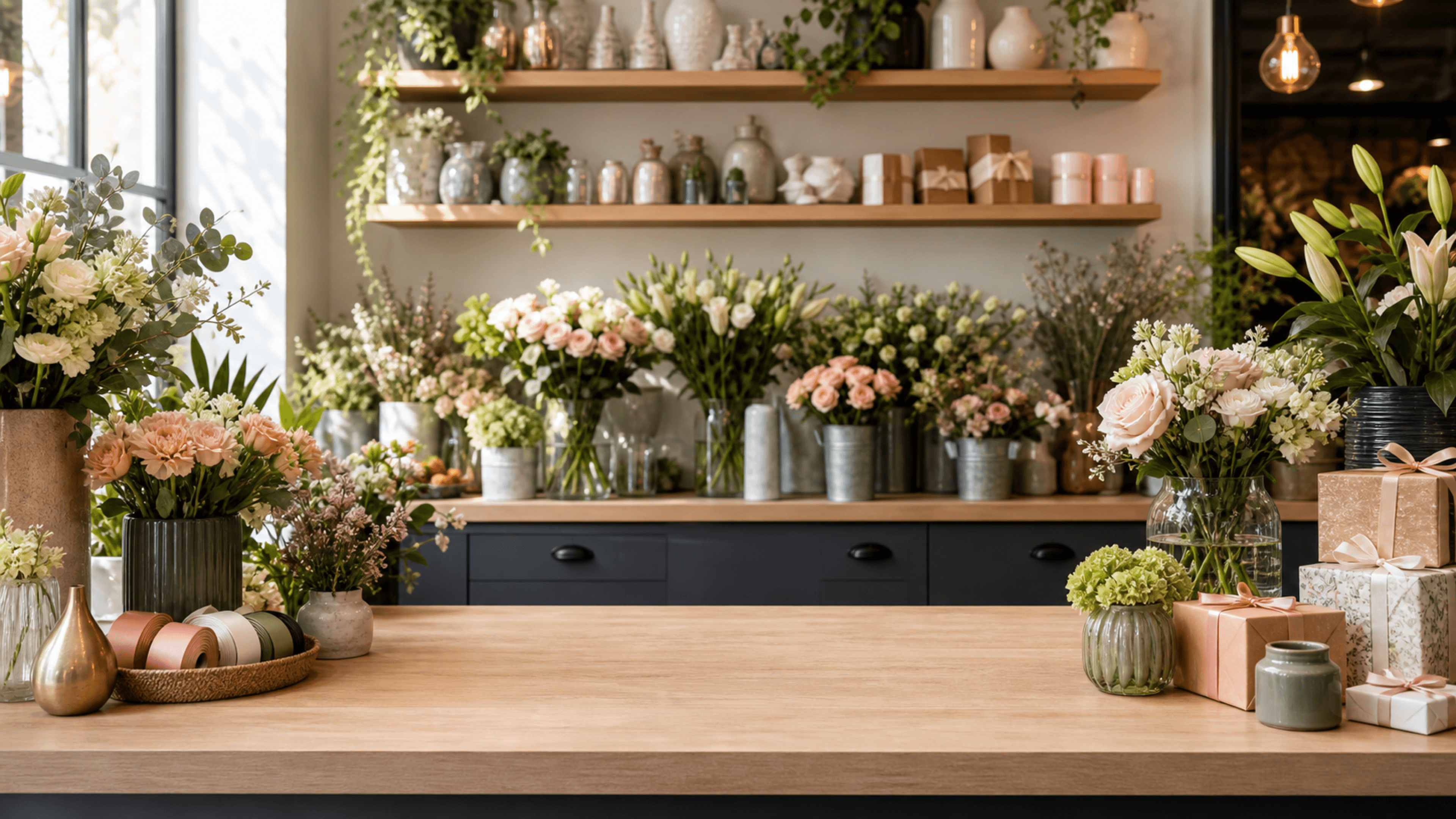 Bright florist counter surrounded by fresh flowers, vases, ribbons, and wrapped gifts.