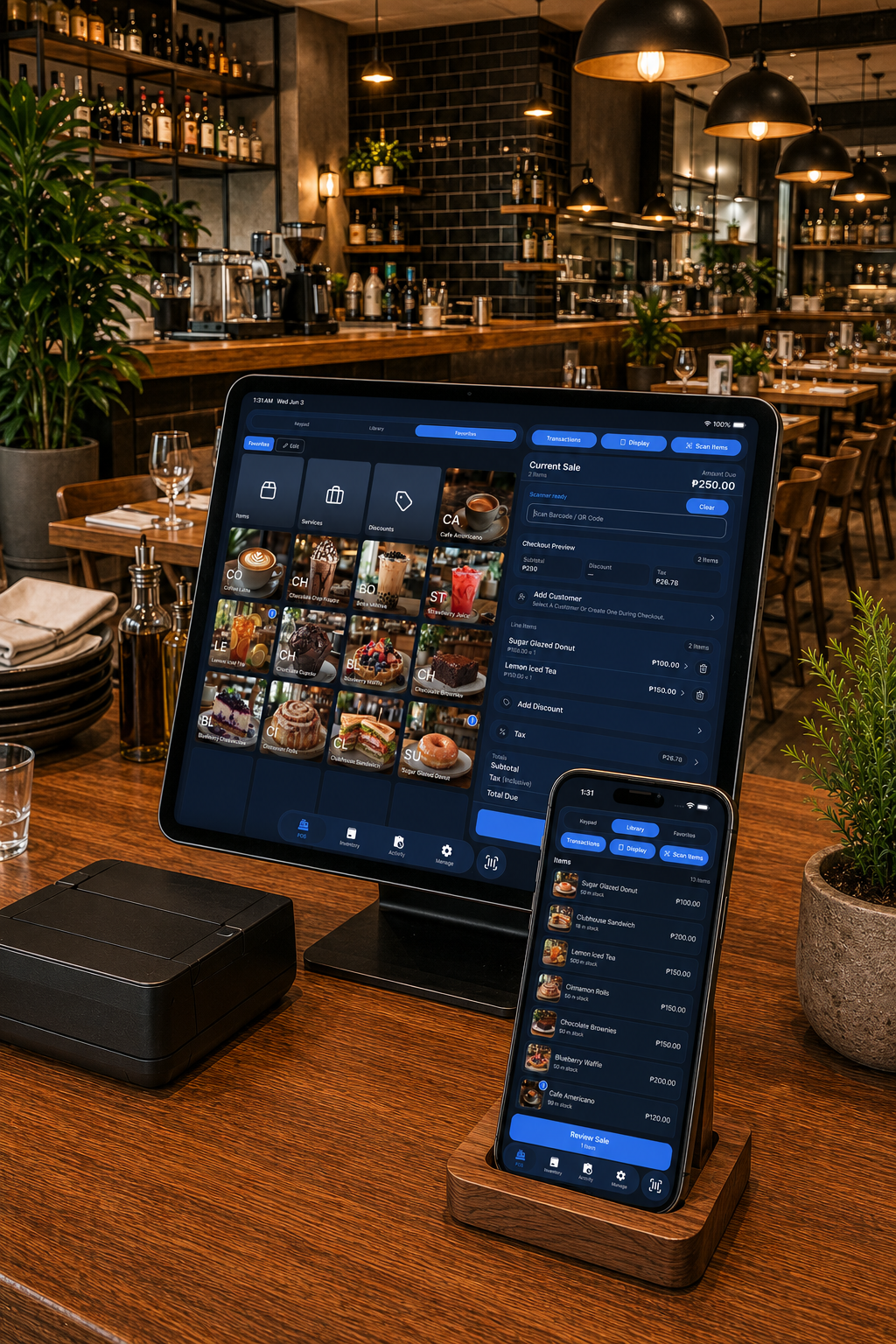 BizAssist POS running on tablet and phone in a café checkout setup.